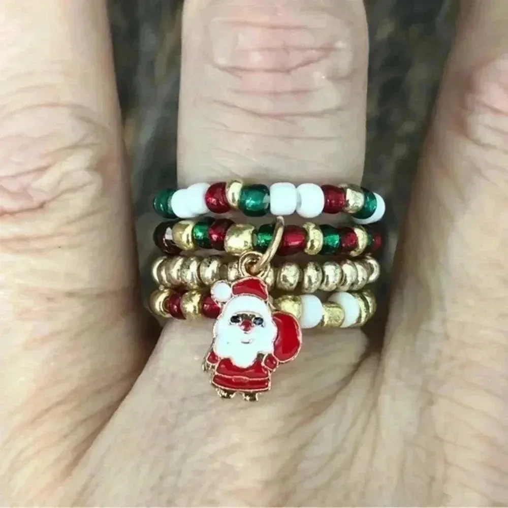 4 Piece Pack Santa Christmas Handmade Stretch Rings- Red, Gold, White, Green